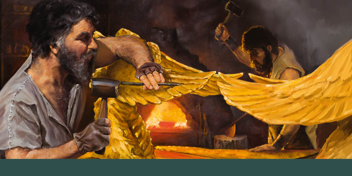 Bezalel and Oholiab crafting items of gold for the tabernacle. One man hammers fine details into a cherub’s wing, and the other hammers out a sheet of gold.