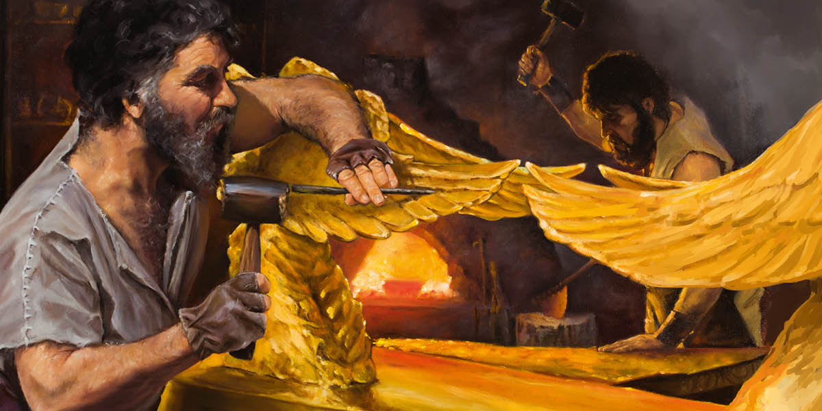 Bezalel and Oholiab crafting items of gold for the tabernacle. One man hammers fine details into a cherub’s wing, and the other hammers out a sheet of gold.