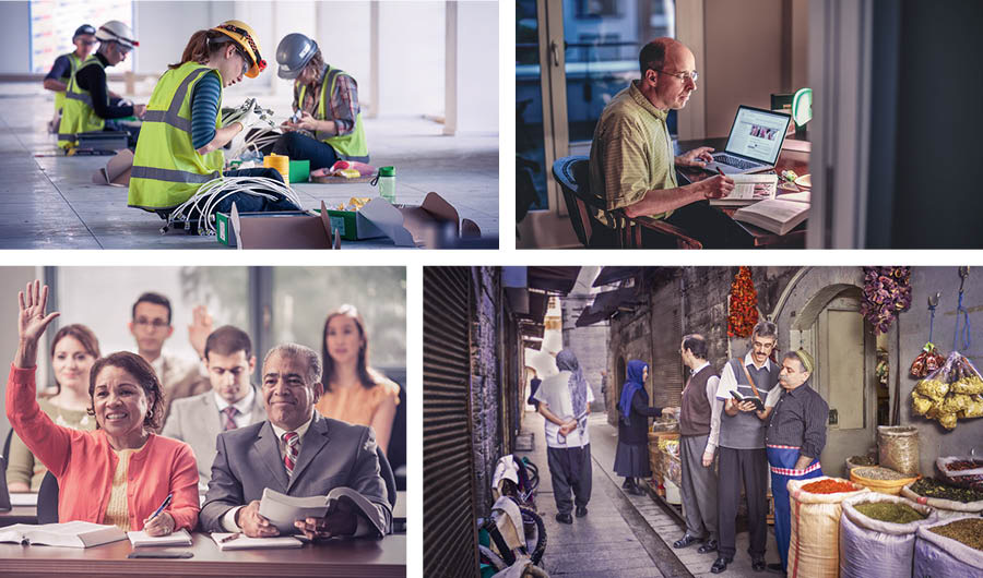 Collage: Jehovah’s Witnesses handling various theocratic assignments. 1. Sisters help with construction work. 2. A brother prepares to conduct a ‘Watchtower’ Study lesson. 3. A brother preaches to a shopkeeper as the brother’s witnessing partner watches for opposers. 4. A couple attends the School for Kingdom Evangelizers.
