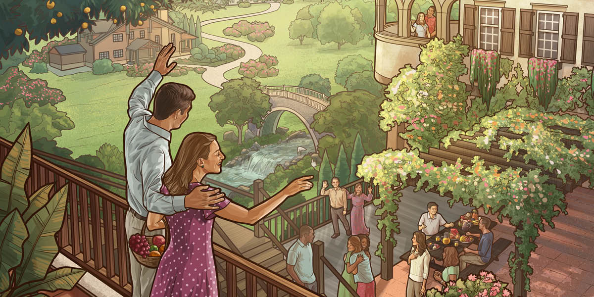 A couple in Paradise waving to their friends.