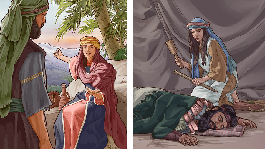 Collage: 1. Deborah sits under a palm tree and encourages Barak to help God’s people. 2. Jael holds a tent pin and a hammer near Sisera, who is fast asleep.