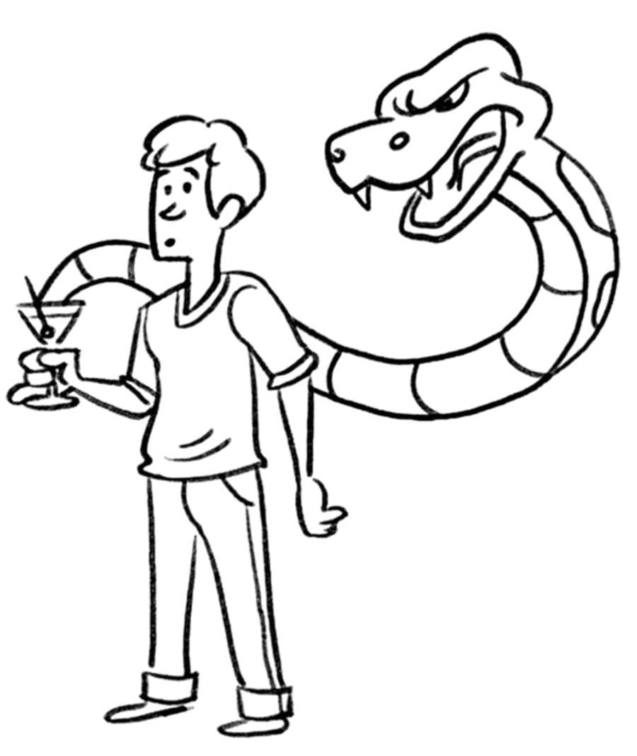 A scene from the video ‘Think Past the Drink.’ A snake with fangs emerges from an alcoholic drink that a man is holding.