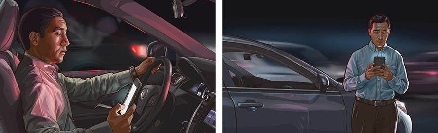 Collage: 1. A brother texts while driving. 2. The same brother texts while standing next to his parked car.