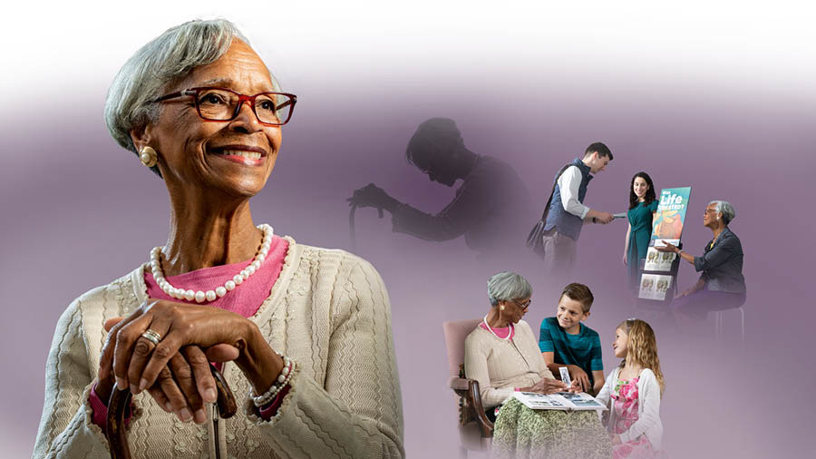 Collage: A faithful sister coping with the limitations of old age. 1. She holds on to a cane while sitting down and praying. 2. She does public witnessing with a young sister. 3. She shows a photo album to young children from her congregation. 4. She smiles confidently.