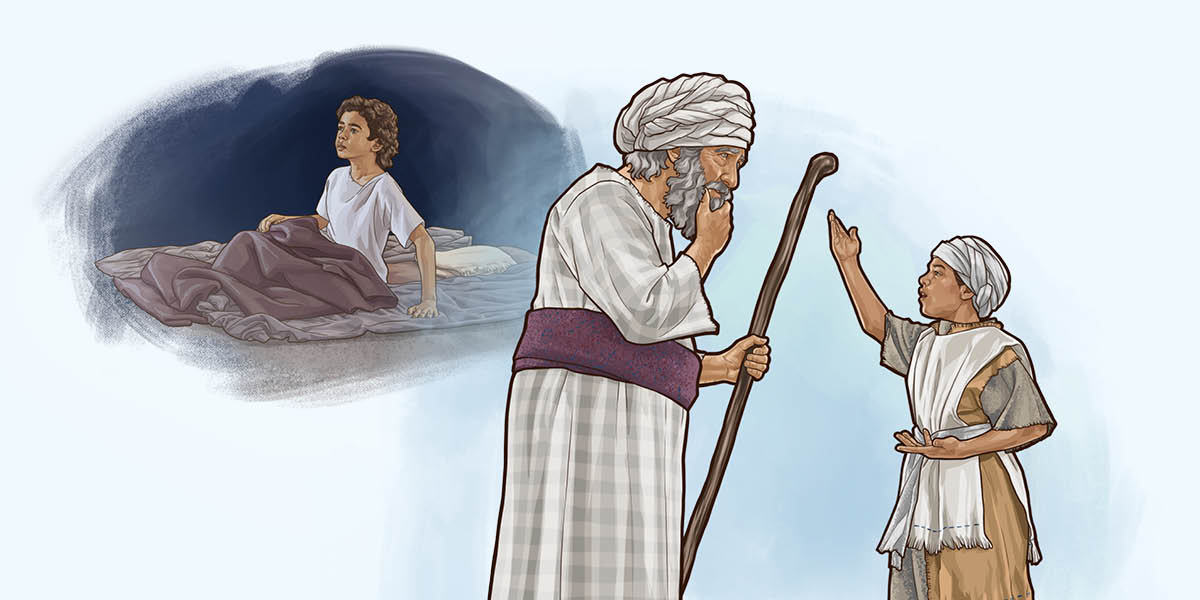 Collage: 1. Young Samuel listens as Jehovah speaks to him. 2. Samuel delivers Jehovah’s message to Eli.