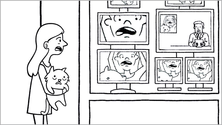 A scene from the video “Be Social-Network Smart.” A girl looks with shock at photos of herself displayed on TV screens.