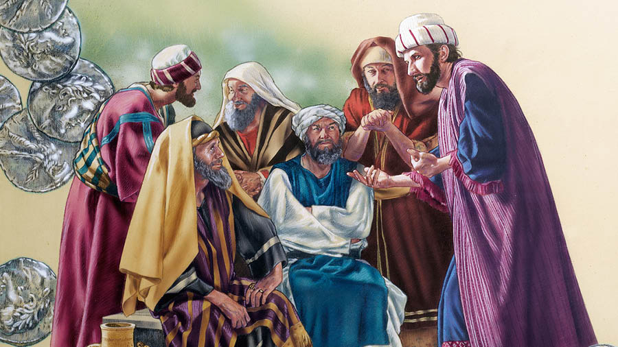 Judas Iscariot scheming with religious leaders.