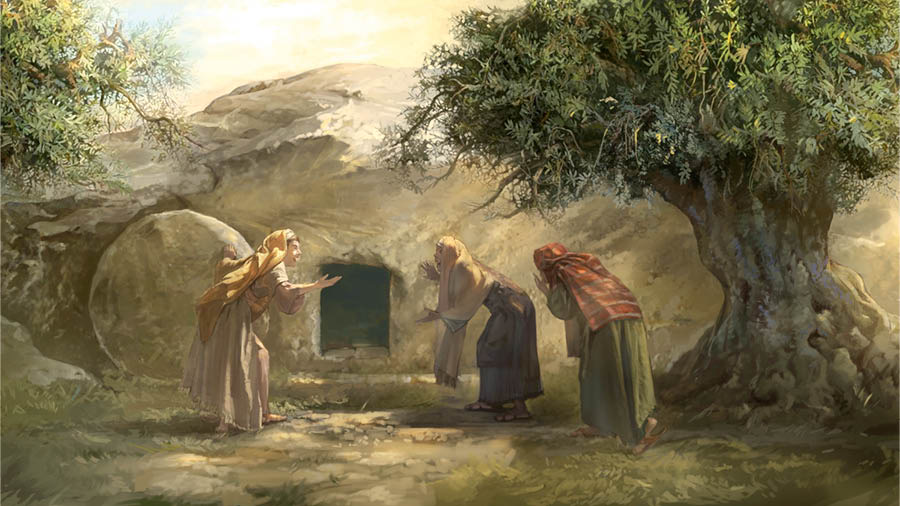 Women surprised to find Jesus’ tomb empty.