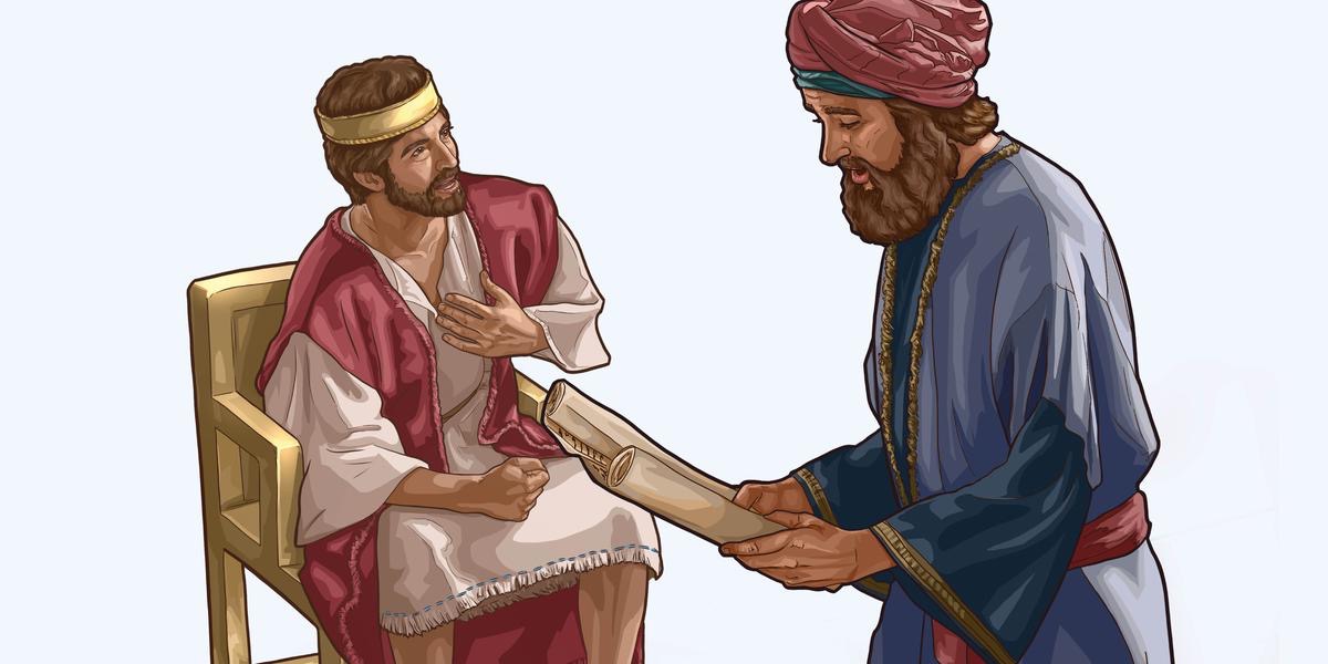 King Josiah humbly listening to his secretary Shaphan read from a scroll.
