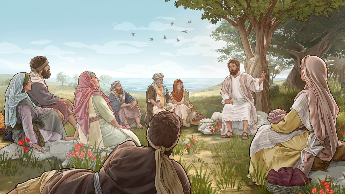 Jesus speaking to a crowd near the sea.