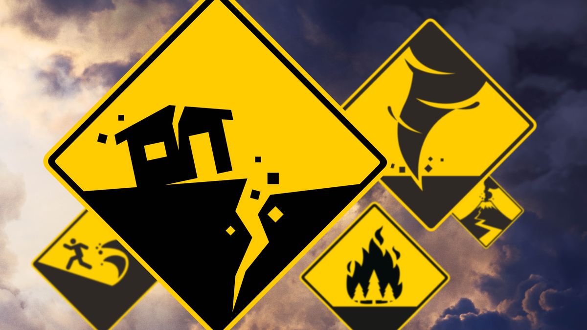 Collage: Various warning signs that depict specific natural disasters: 1. A tsunami. 2. An earthquake. 3. A tornado. 4. An erupting volcano. 5. A forest fire.