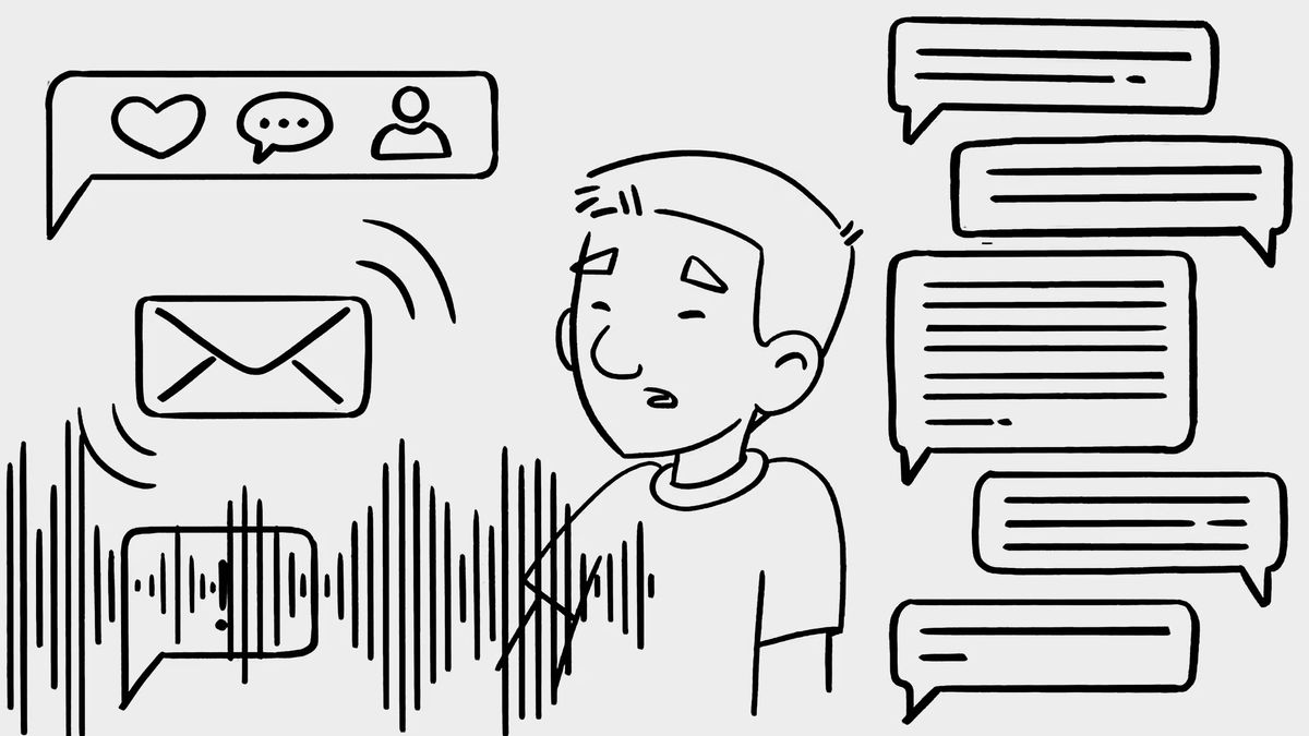 A scene from the video “Protect Yourself From Misinformation.” A young boy surrounded by a lot of messages from different types of electronic media.