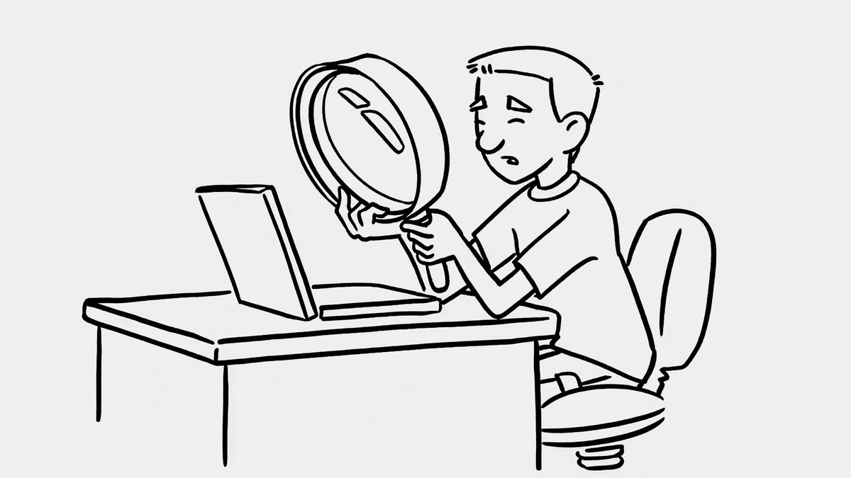 A scene from the video “Protect Yourself From Misinformation.” The same young boy inspecting information on a laptop, using a large magnifying glass.