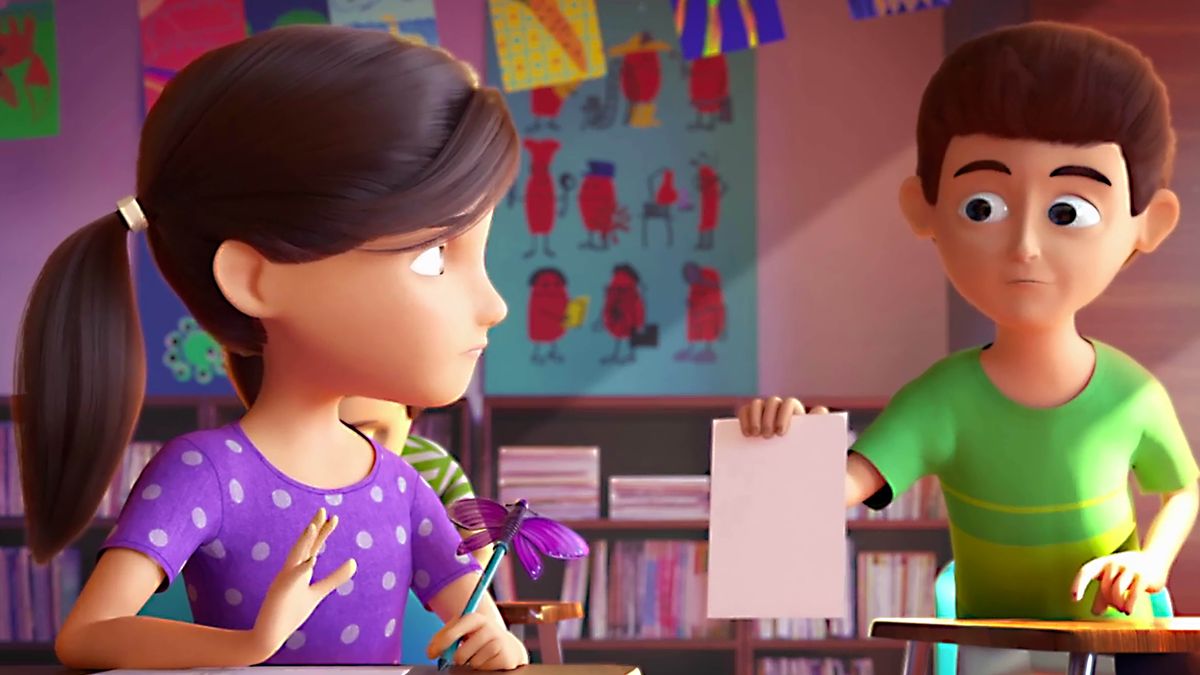 A scene from the video “Become Jehovah’s Friend​—Why Obey God if We Can’t See Him?” Sofia refuses to copy a classmate’s answer on a test.