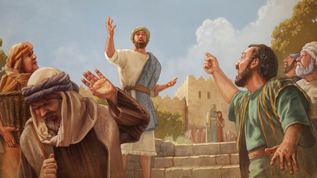 Jeremiah fearlessly proclaiming Jehovah’s message in public. Some refuse to listen while others shout at him.