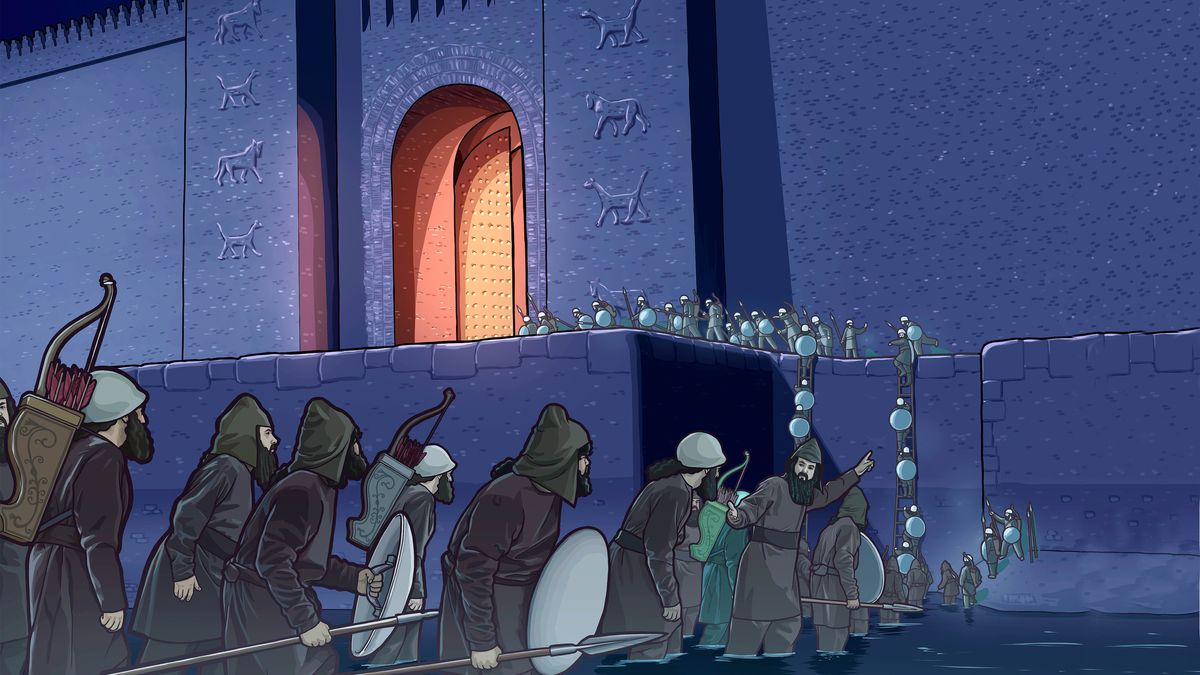 Soldiers marching across the shallow Euphrates River and entering the open gates of Babylon.