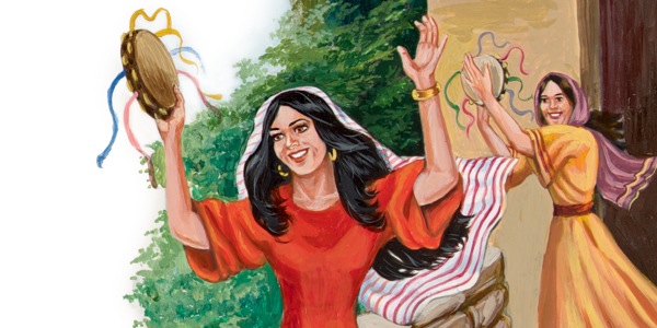 Jephthah’s daughter playing a tambourine as she comes out to meet her father