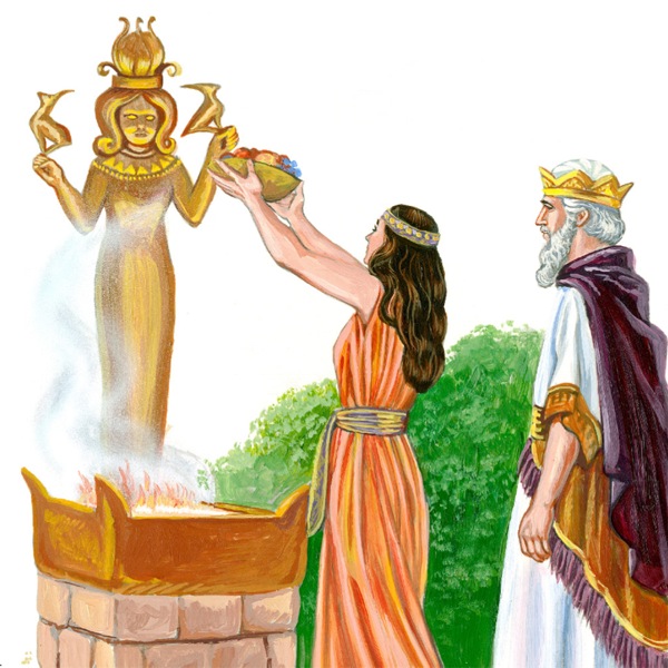 An aged King Solomon with one of his wives, as she is worshiping an idol