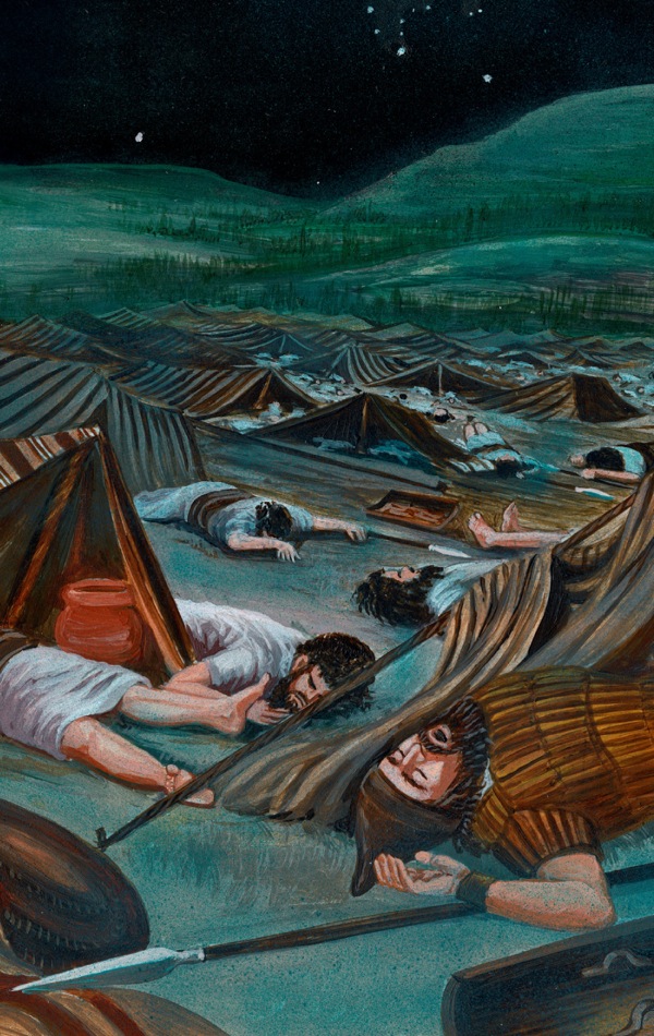 Dead soldiers lie on the ground in the Assyrian army camp