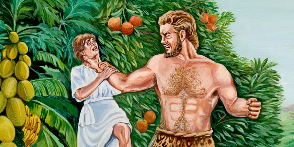 A giant man about to beat up another man