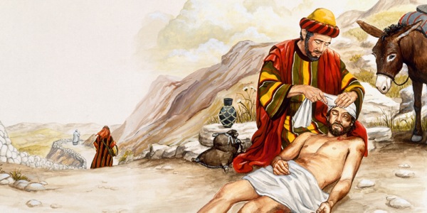 The good Samaritan bandaging the wounds of the Jew who was beaten