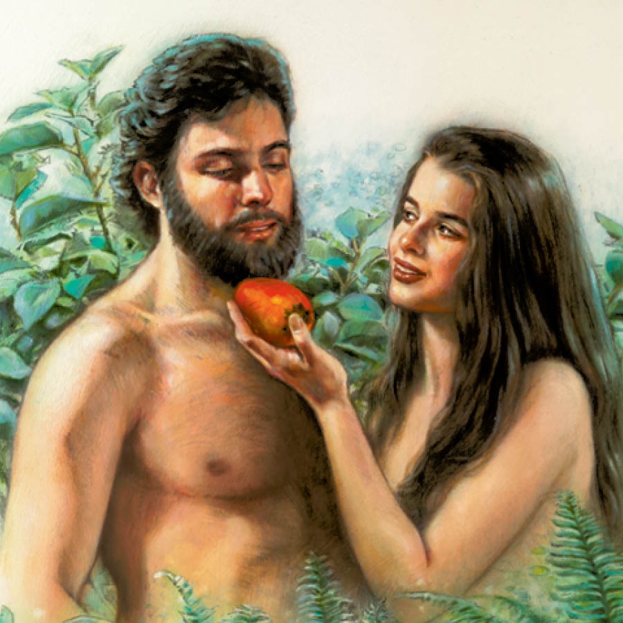 Eve gives the forbidden fruit to Adam