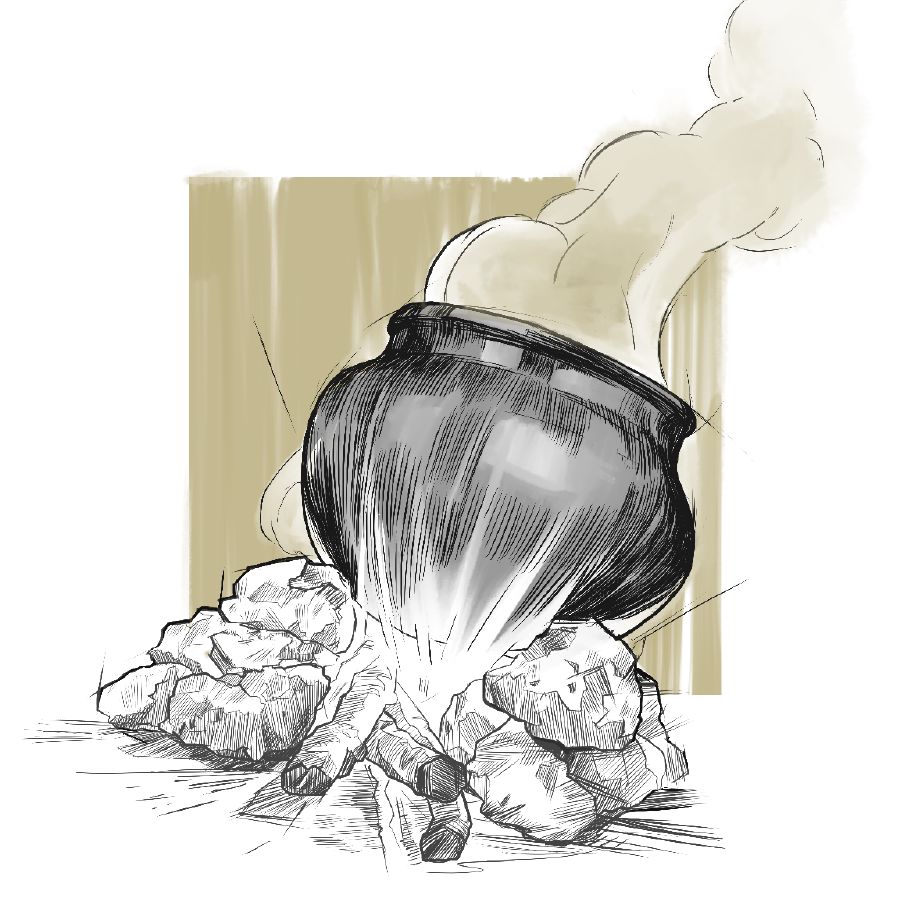 A cooking pot on top of a fire.