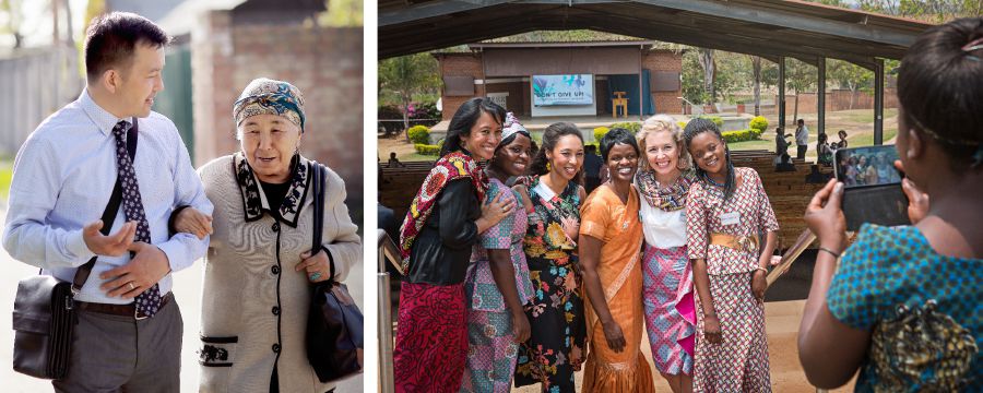 Collage: A loving global brotherhood. 1. A young brother giving an elderly sister a supporting arm as they work together in the field ministry. 2. Sisters of various races posing together for a picture at a convention.