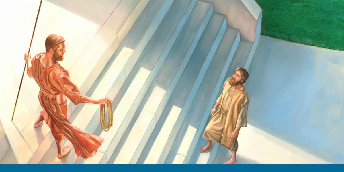 A man with a copper appearance, holding a flax cord and a measuring reed. He is taking Ezekiel on a tour of the visionary temple.