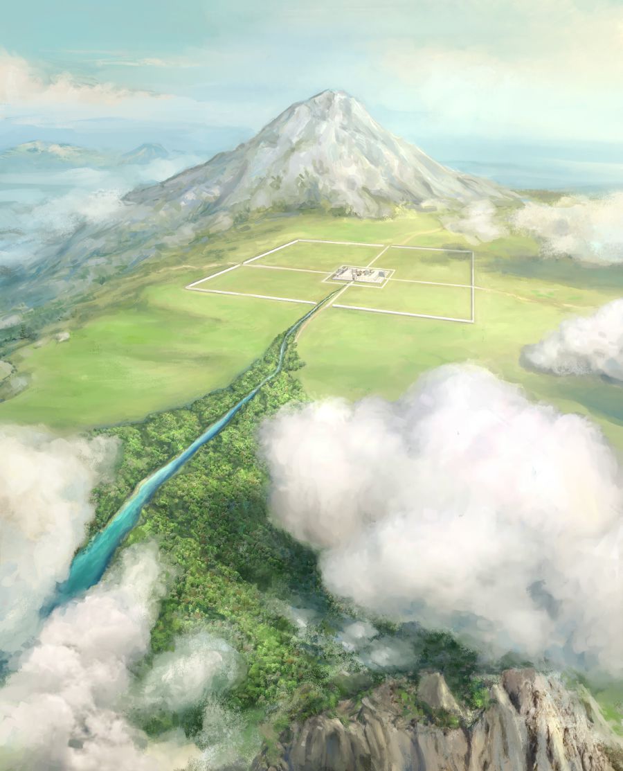 An aerial view of Ezekiel’s visionary temple on a high mountain with a river emerging from the sanctuary.