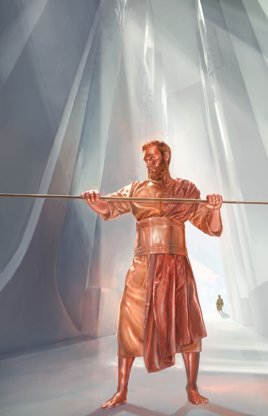 Ezekiel watching as the man with a copper appearance measures the visionary temple.