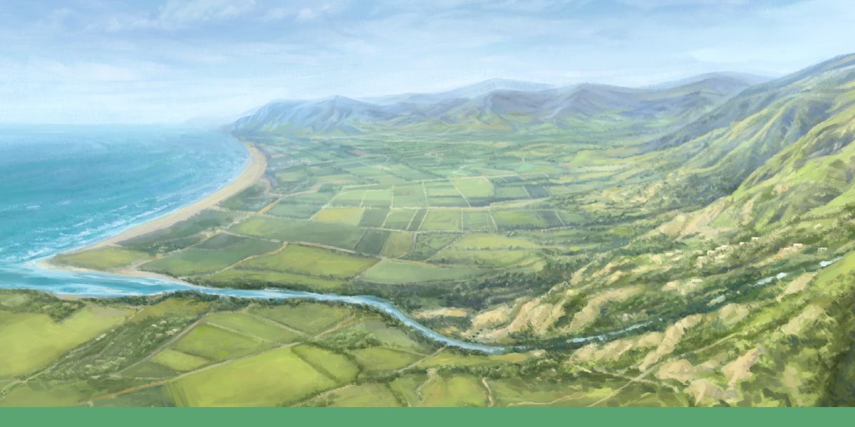 A river flowing into the sea, surrounded by the land that is to be allotted.