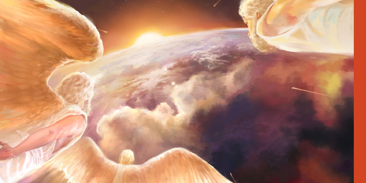 Angels flying toward the earth.