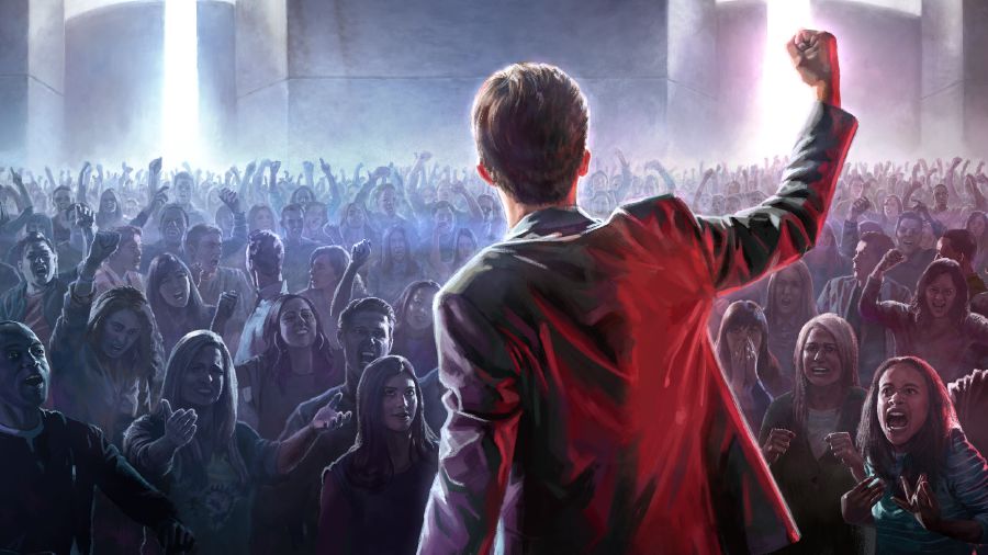 A rebel inciting a massive crowd to protest. The protesting occurs at the end of Christ’s Millennial Reign.