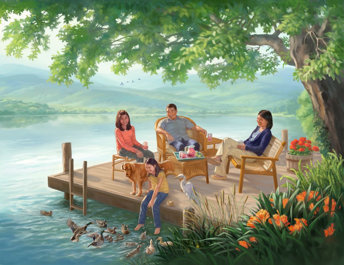A family relaxing on a dock by a lake in an earthly paradise.