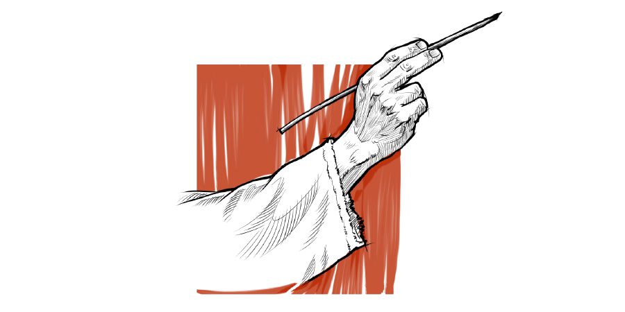 The man with the secretary’s inkhorn holding a pen.