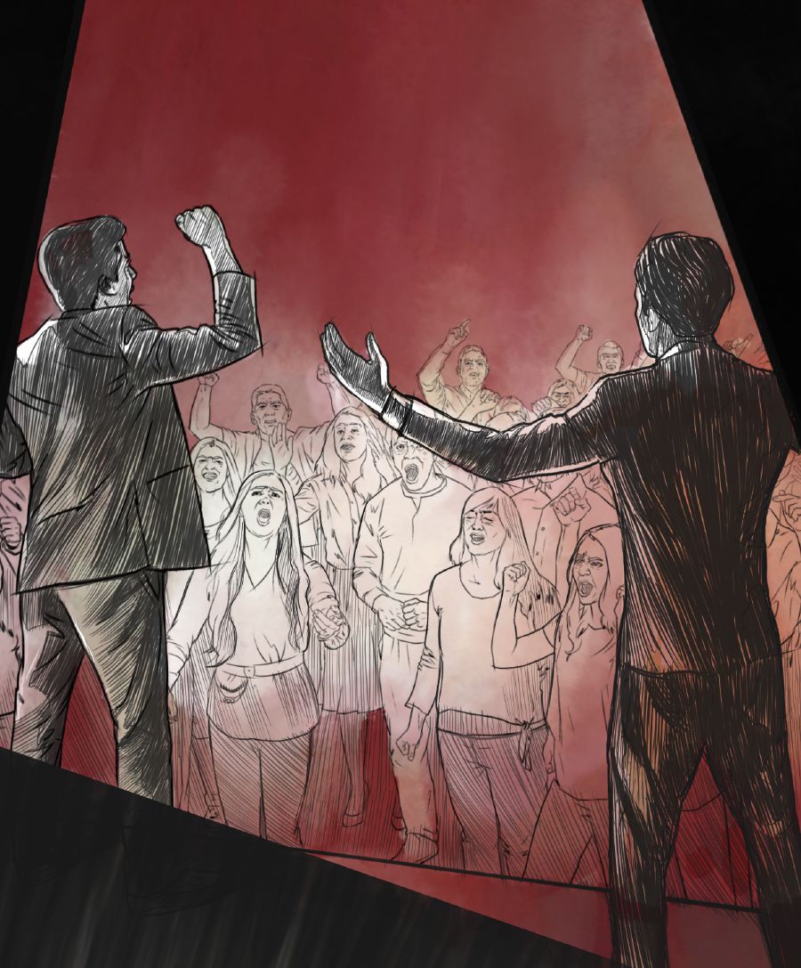 Two rebels inciting a crowd to protest.