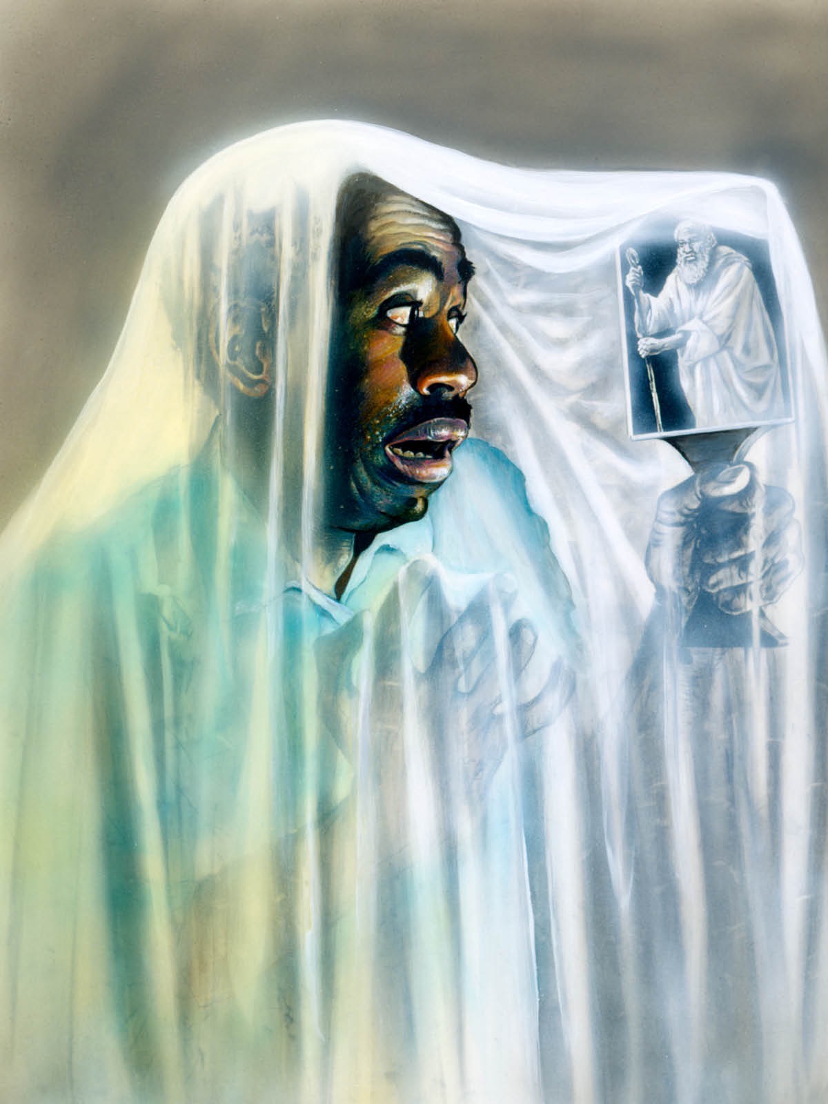 A man covered in a white cloth sees an image in a mirror