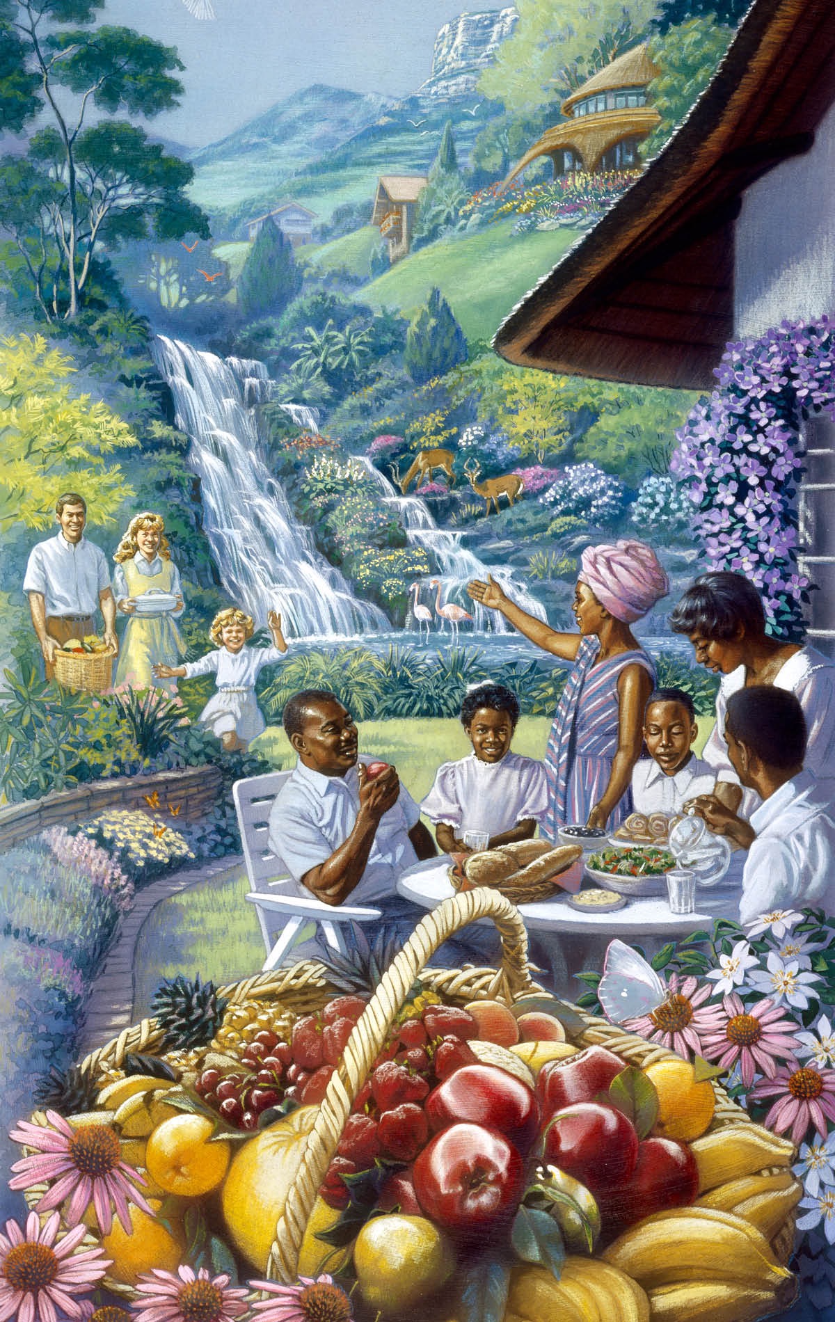 People of various races enjoy a meal together in Paradise
