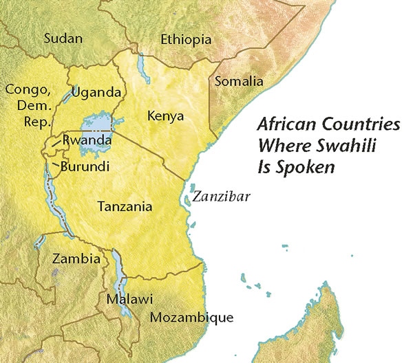 A map of African countries where Swahili is spoken