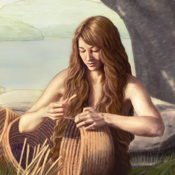 Eve making a basket as Adam collects food