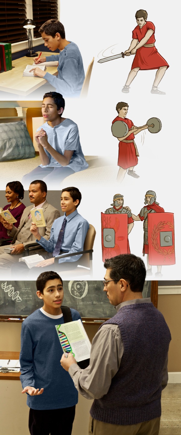 Scenes of a young brother who trains spiritually are contrasted with depictions of a soldier who goes through drills