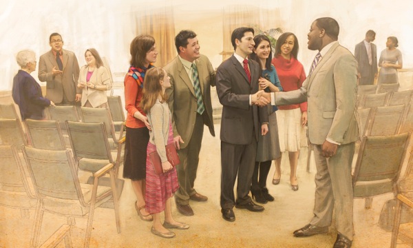 Members of the congregation congratulate a newly-appointed elder