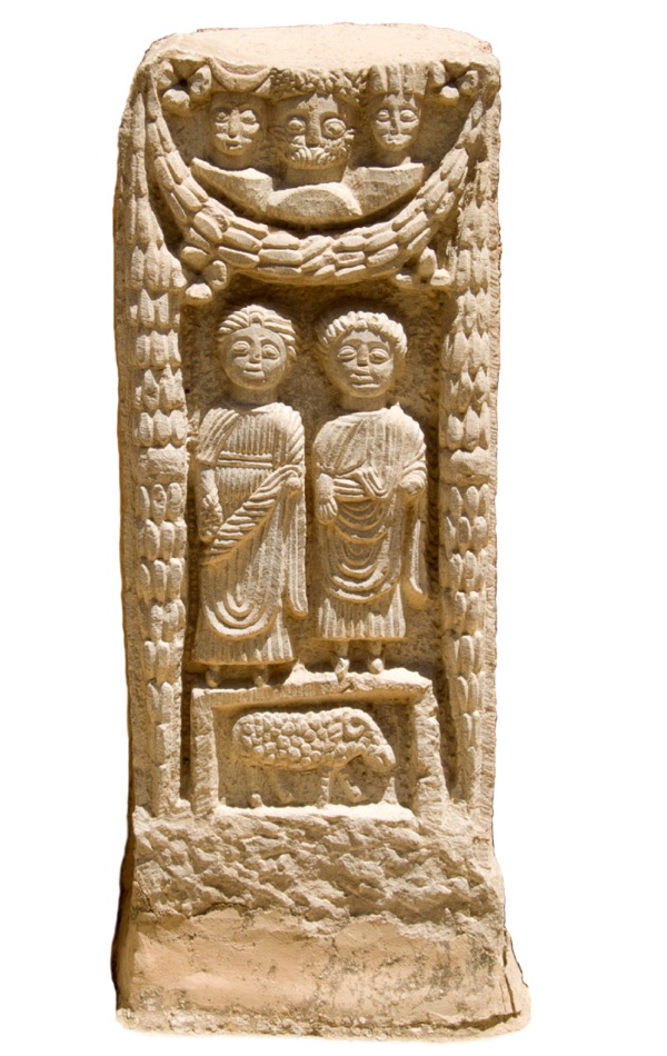 A funerary stele adorned with a triad of Roman and local deities