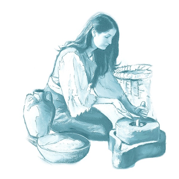 A woman grinds flour by hand