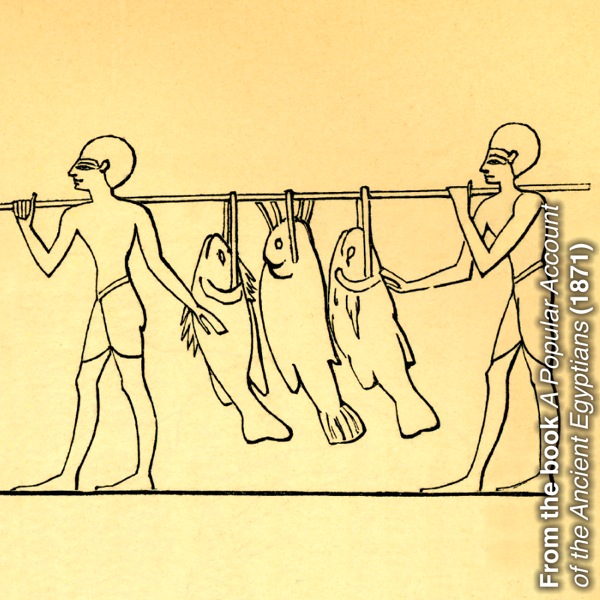 Ancient fishermen carrying fish
