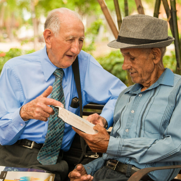 While sitting on a park bench, an older brother has a Bible discussion with a man
