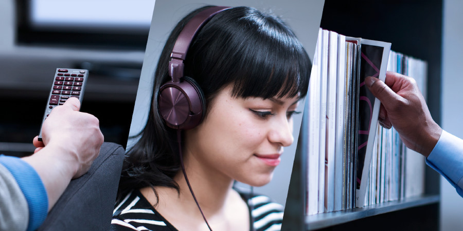 1. A man watches television; 2. A young woman listens to music; 3. A man pulls a magazine from a bookshelf