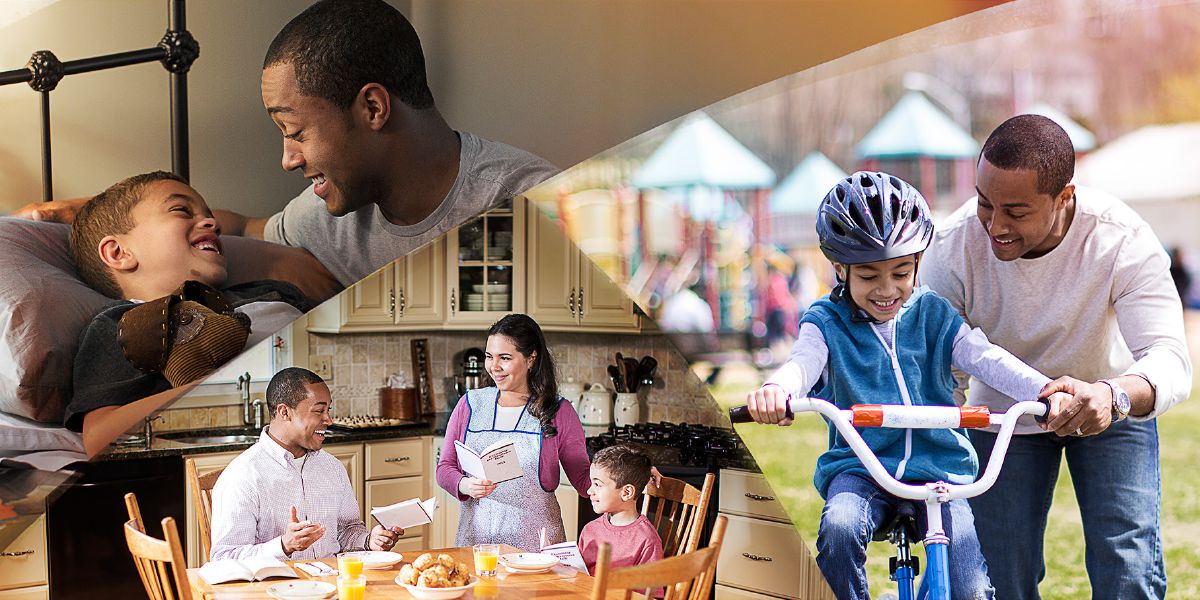 A man tucks his young son in bed, considers the daily text with his wife and son, and teaches his young son to ride a bicycle