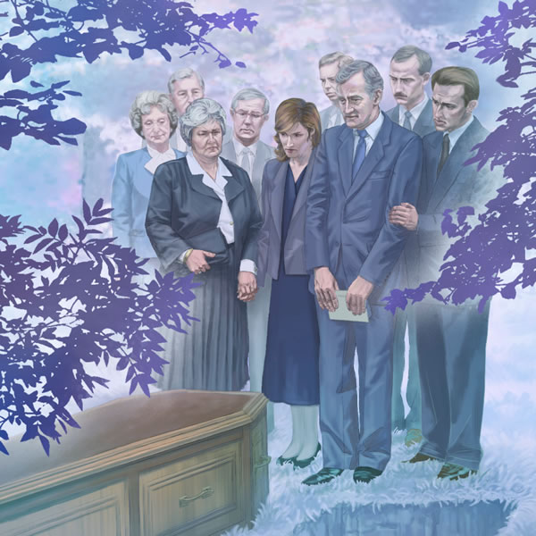 People mourning beside a casket at a cemetery